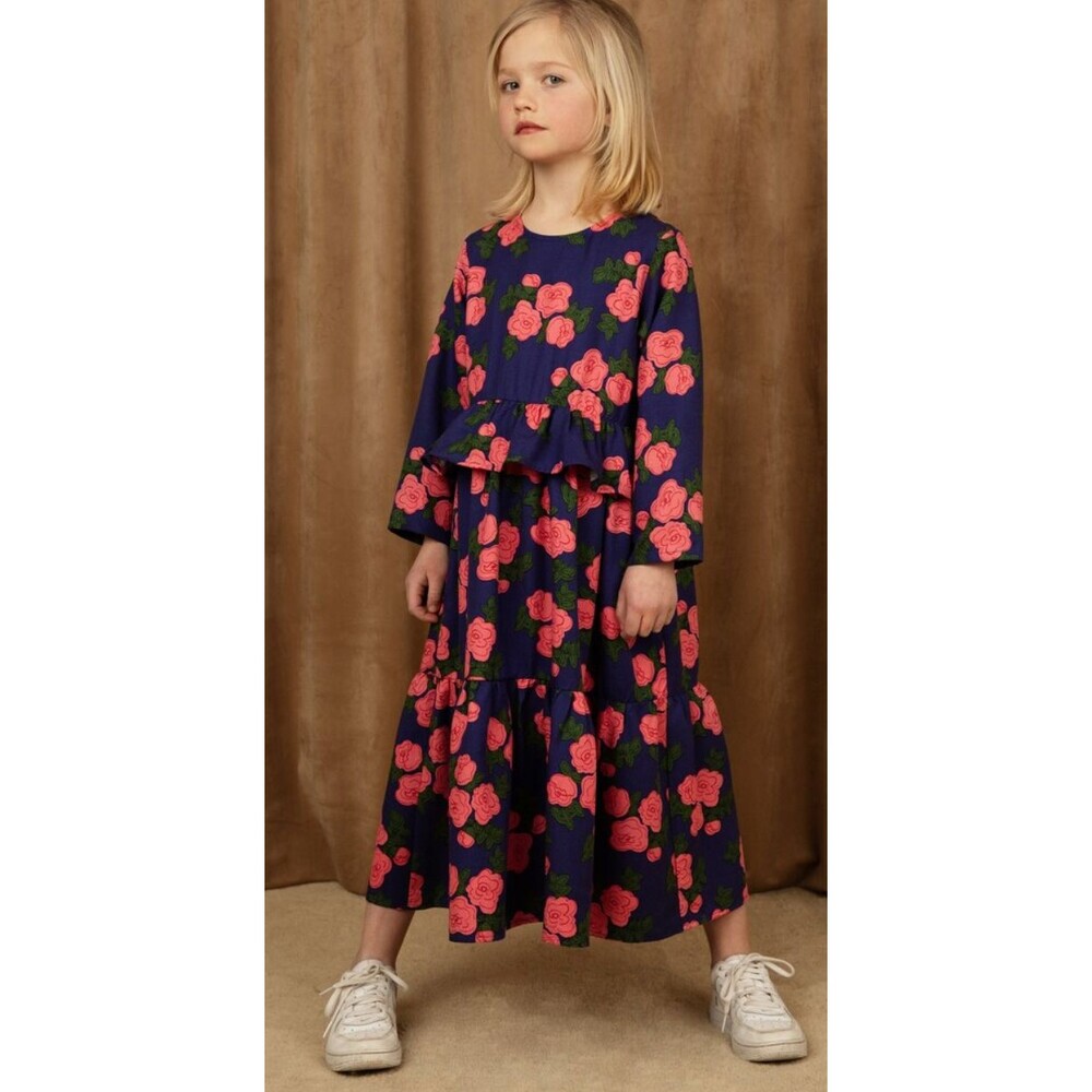 $120 Mini Rodini Girls Floral Organic Long Cotton Dress 3-5Y EU 104/110 Roses  j